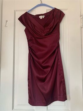 Women's Wine Satin Sheath Dress, Cap Sleeve